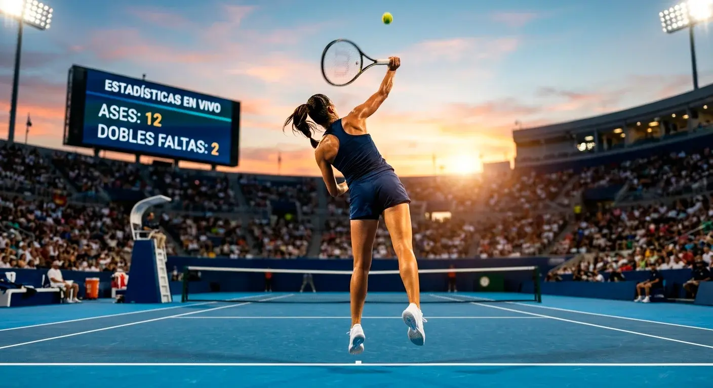 Jugadora de tenis realizando un saque potente en pista profesional