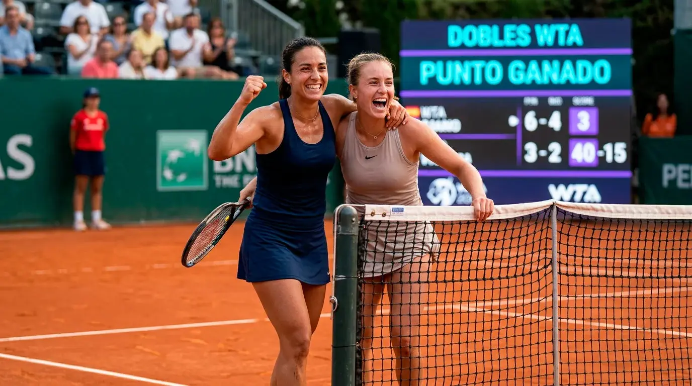 Dos jugadoras de tenis celebrando punto en partido de dobles