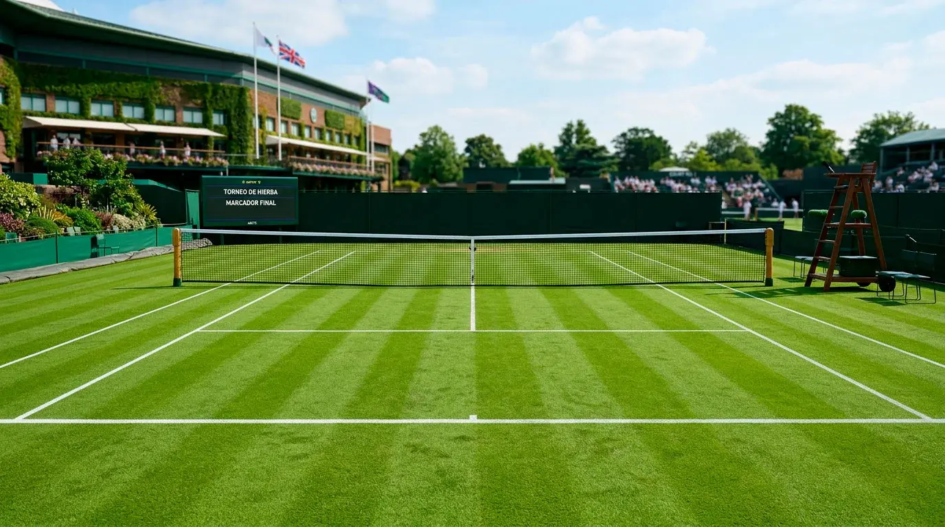 Pista de hierba de tenis verde con líneas blancas estilo Wimbledon