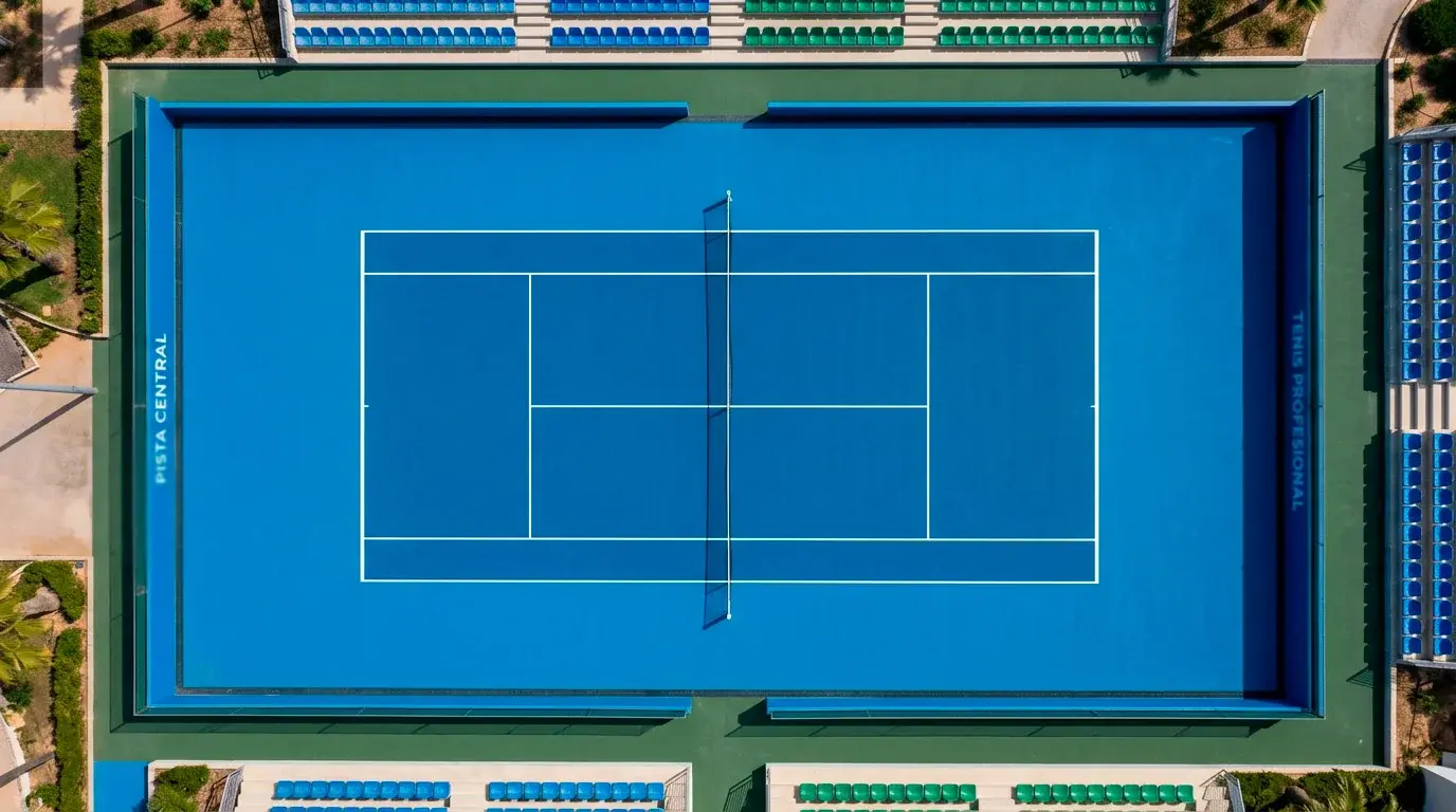 Pista dura de tenis azul con líneas blancas vista desde arriba