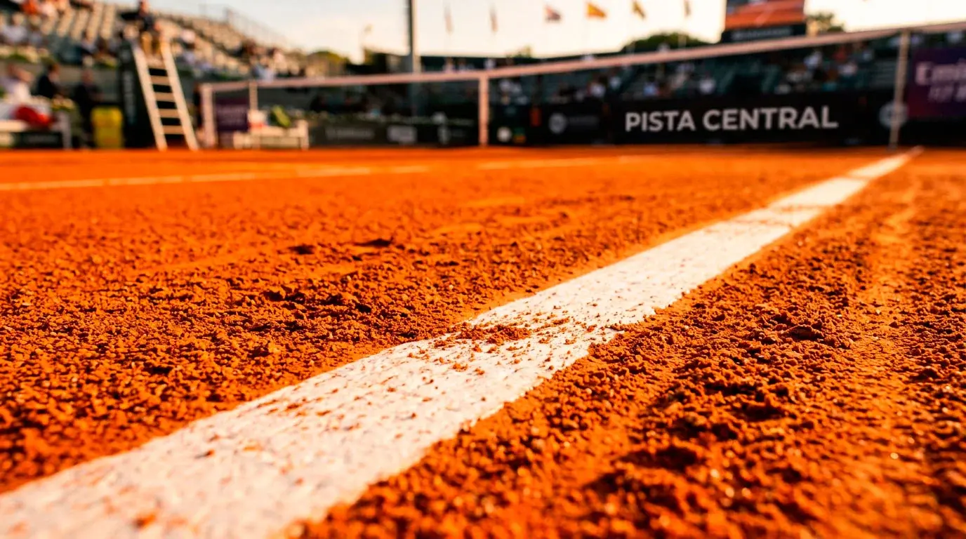 Pista de tierra batida de tenis con líneas naranjas y red profesional