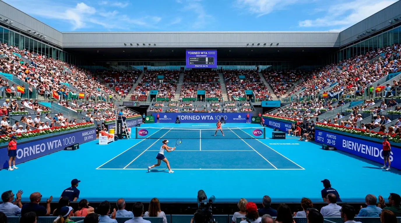 Pista de tenis profesional durante torneo WTA 1000 con gradas llenas