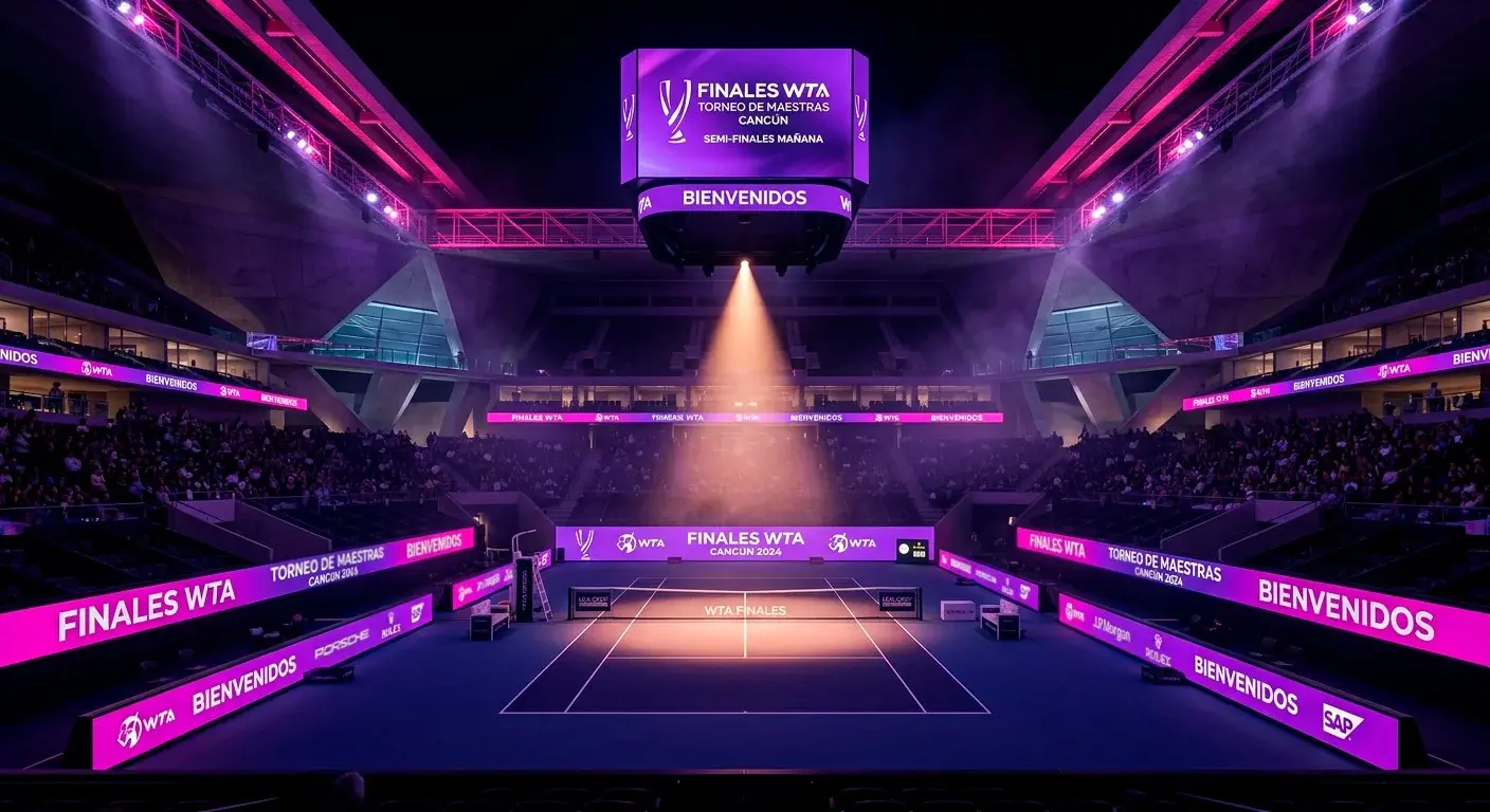 Estadio de tenis iluminado durante las WTA Finals con logotipo del torneo