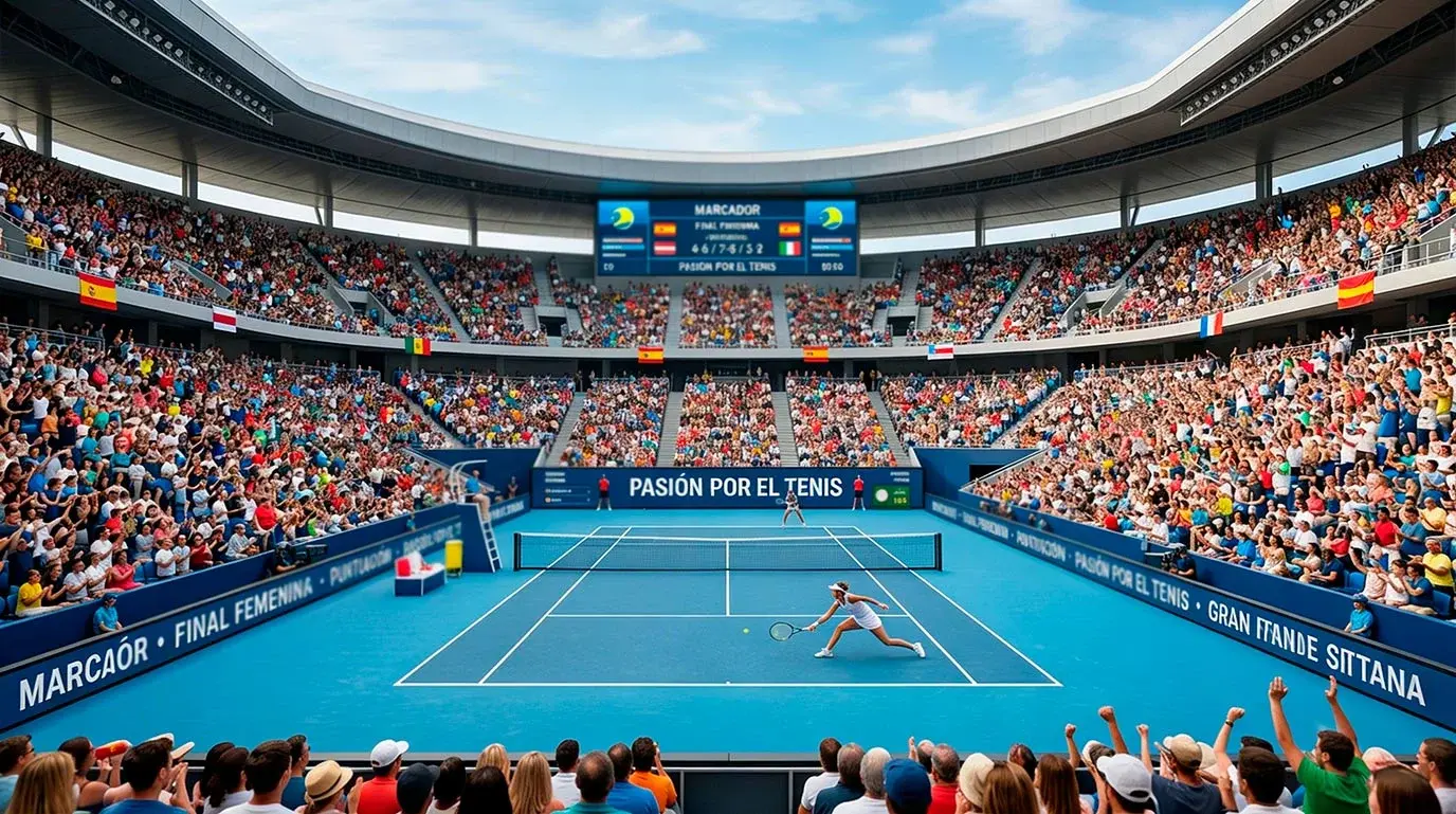 Estadio de tenis lleno de espectadores durante partido femenino