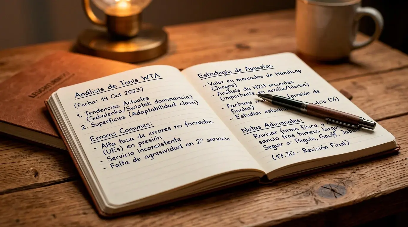 Libreta con análisis de apuestas de tenis y bolígrafo