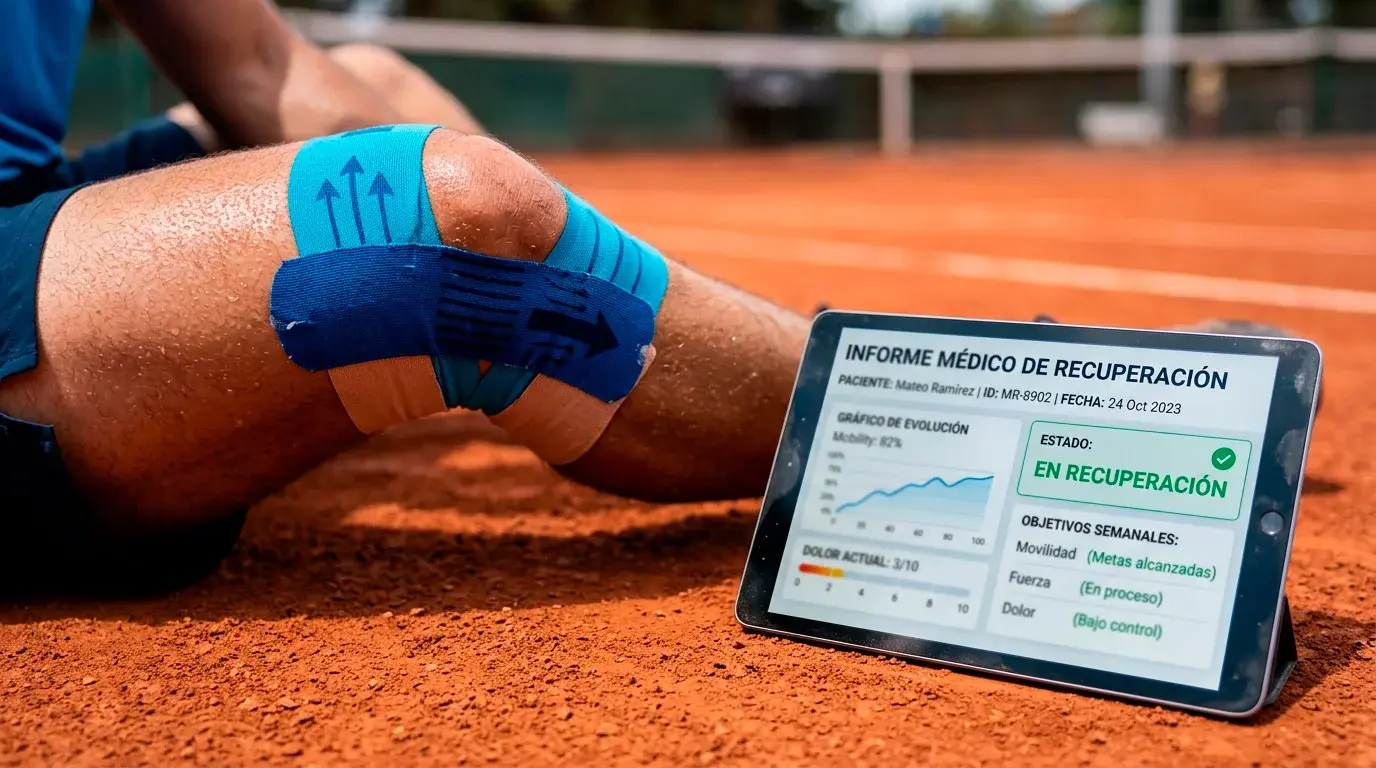 Jugadora de tenis con vendaje en la rodilla durante partido