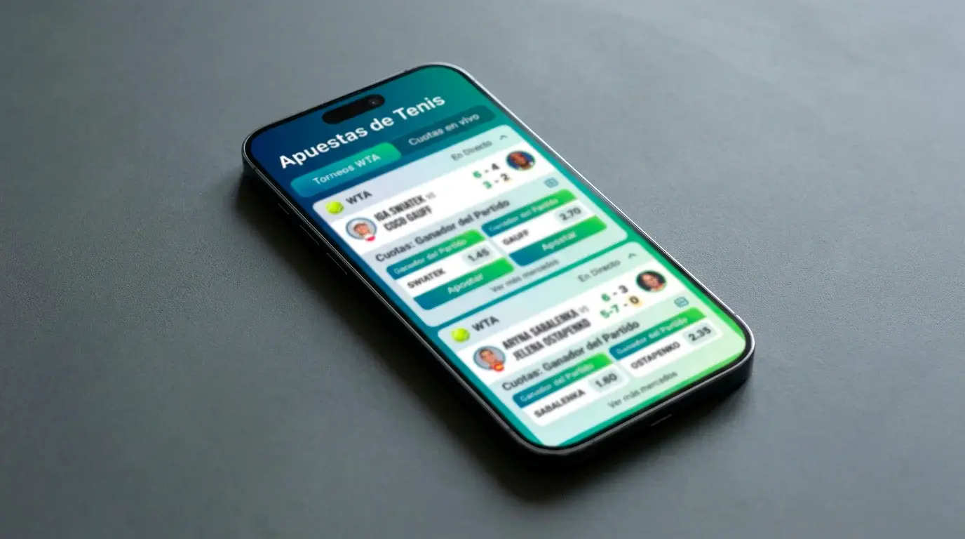 Smartphone mostrando aplicación de apuestas deportivas con tenis