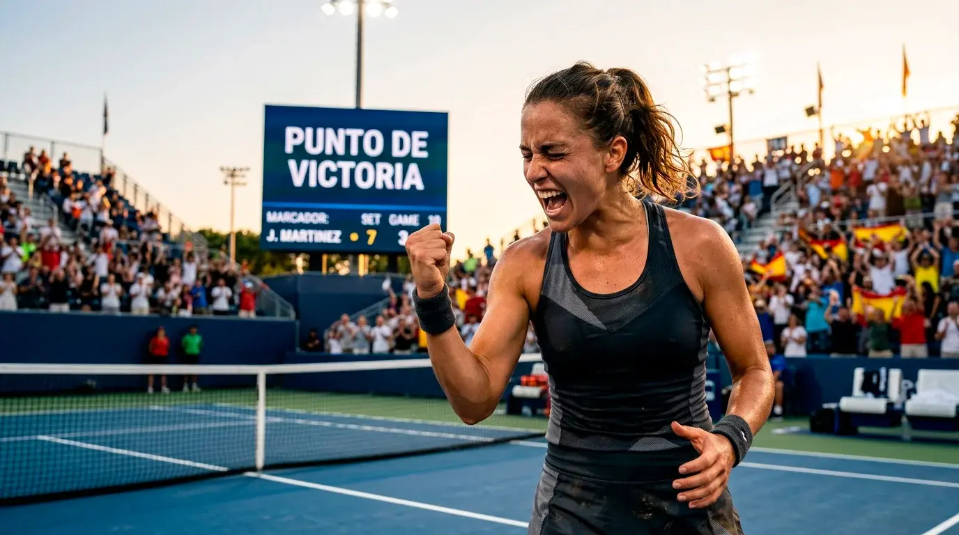 Jugadora de tenis celebrando punto importante con gesto de victoria