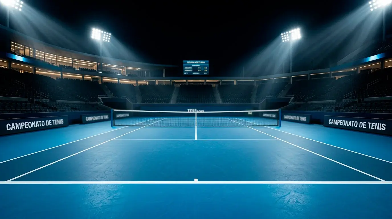 Pista de tenis iluminada de noche durante sesión nocturna