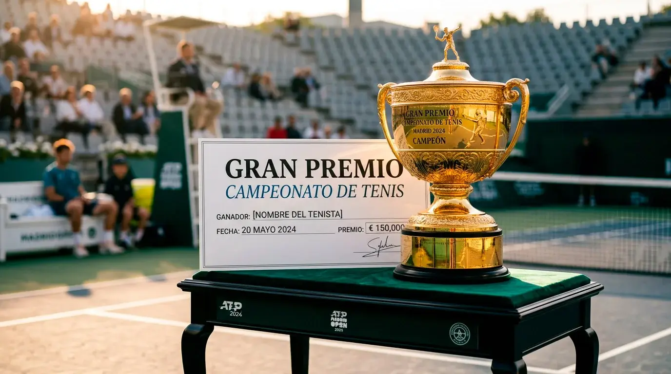 Cheque de premio de torneo de tenis con trofeo al lado