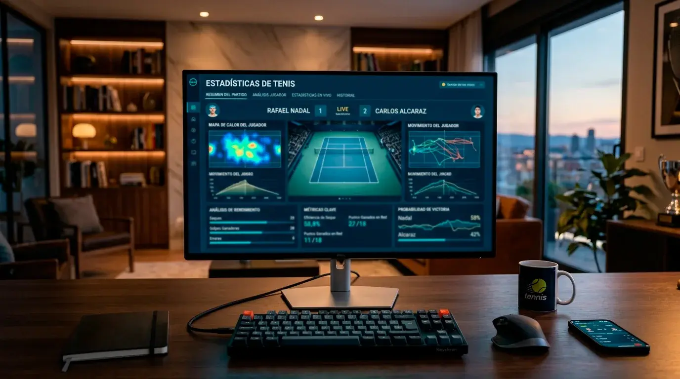 Pantalla con estadísticas de tenis y gráficos de análisis deportivo