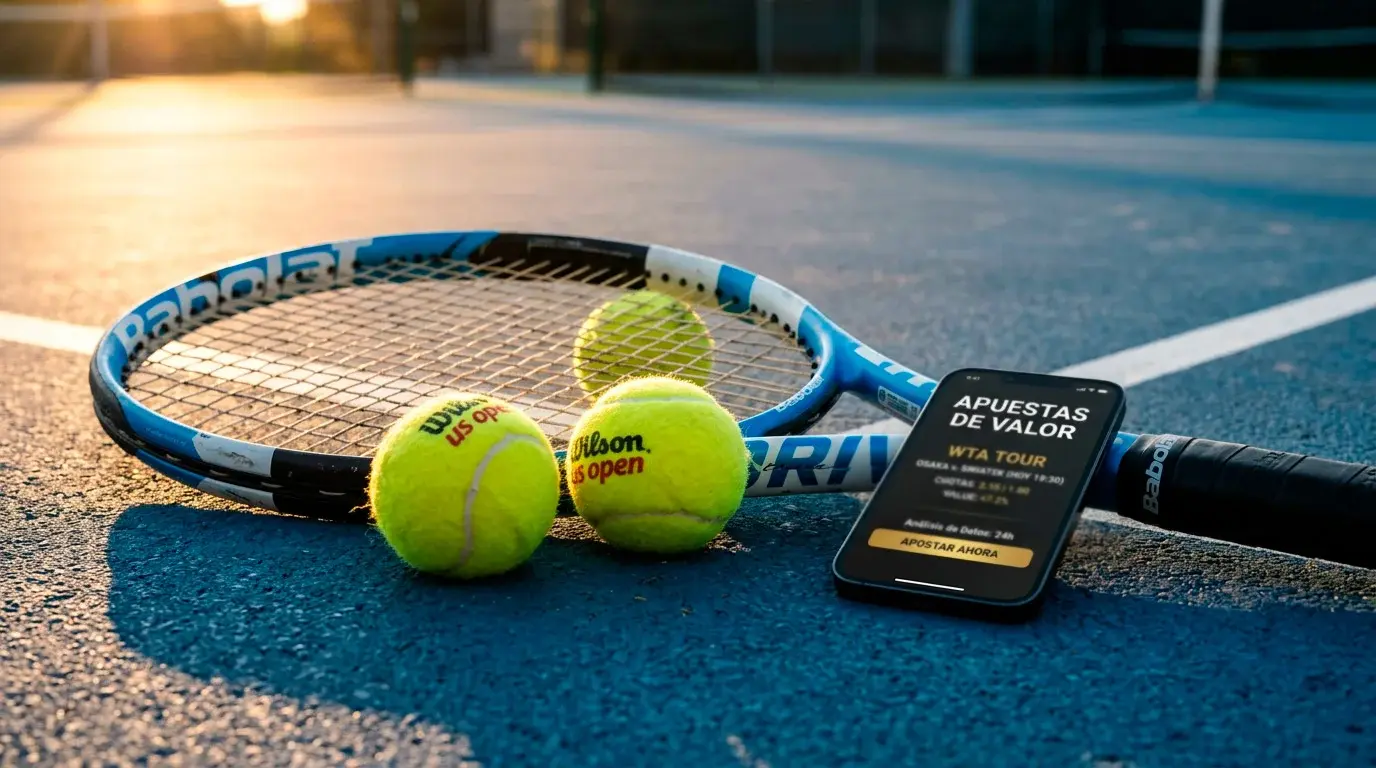 Raqueta de tenis y pelotas sobre pista con cuotas de apuestas superpuestas
